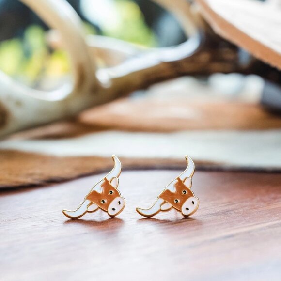Miss Modi 24K Gold Plated Light Brown Texas Longhorn Stud Earrings - Picture 1 of 3